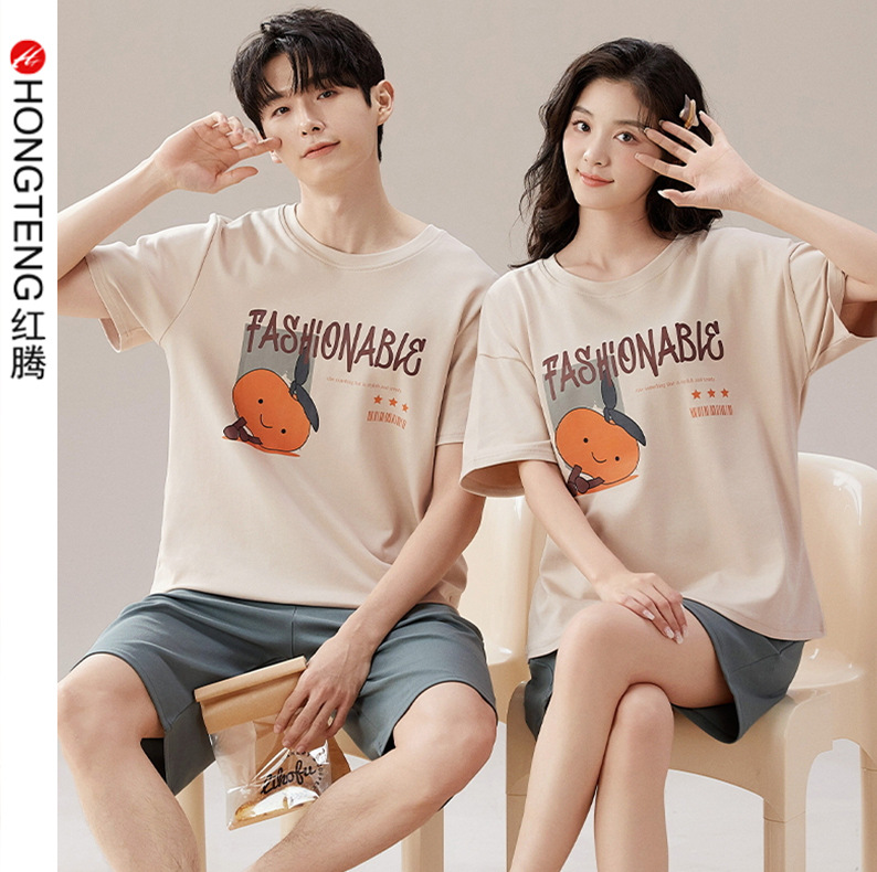 2024 Couple Pajamas Summer Cotton Short Sleeve Shorts Set Cartoon Casual Thin Men and Women Round Neck Home Clothes