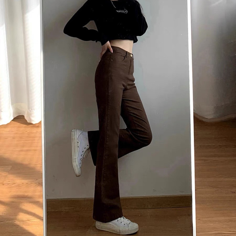 American women's new brown jeans wide-legged female students small high waist thin horn straight pants female