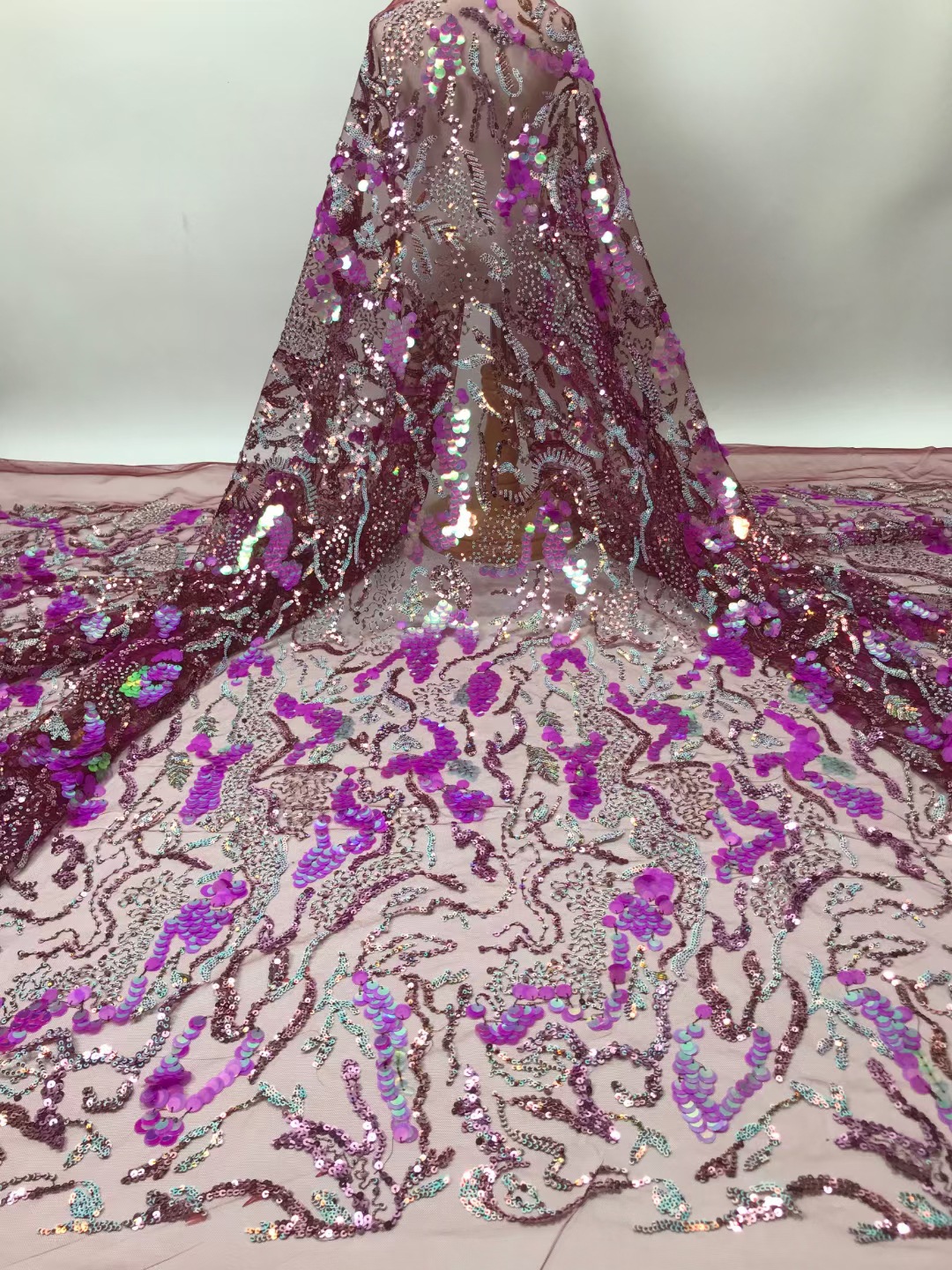 Elegante Socialite ropa tela encaje bordado tela colorido grande lentejuelas bordado vestido JX1357 image 3