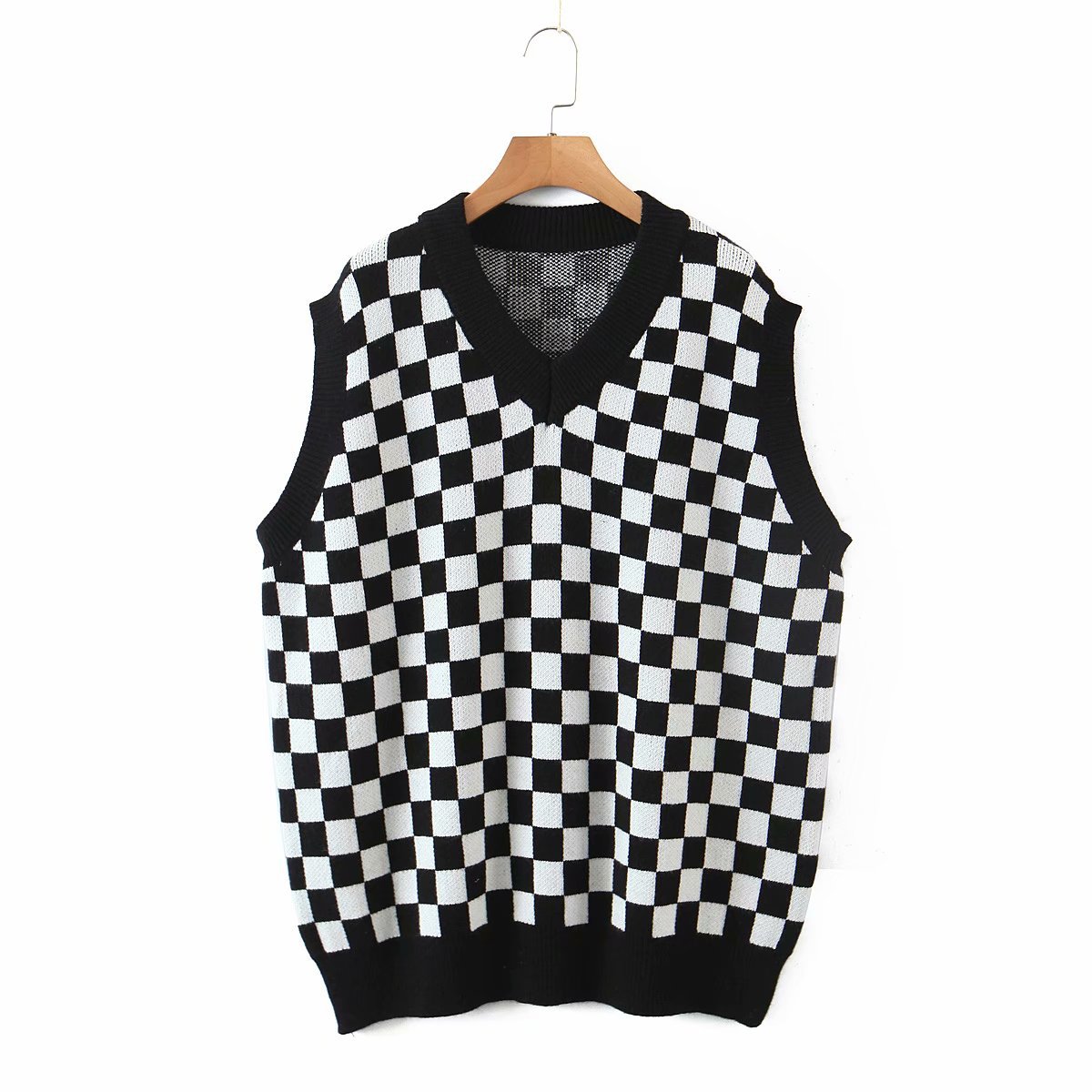 autumn v neck checkerboard knitted vest nihaostyles wholesale clothing NSAM82255