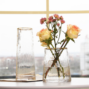 Nordic-Light Luxury Hammer Pattern Glass Vase Transparent Drawing Gold Living Room Flower Layout Lily Rich Bamboo Flowers Dining Table Ornaments