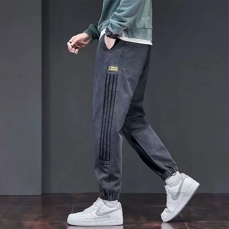 秋冬季男士牛仔裤子潮牌束脚工装外穿保暖青少年休闲加绒加厚男裤