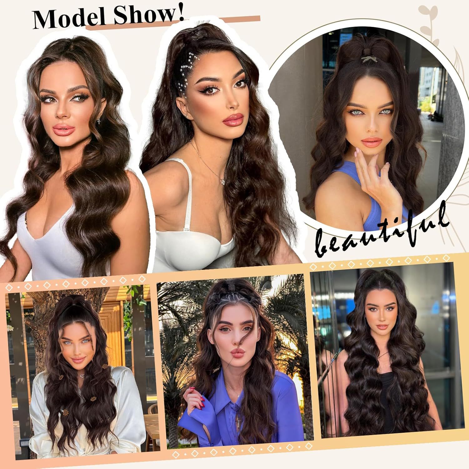 Extension per capelli e parrucche Parrucca da donna con capelli lunghi e ricci Parrucca da donna con coulisse Extension per capelli Coda di cavallo Parrucca in fibra chimica con onde grandi Pezzo di coda di cavallo_voghion.com