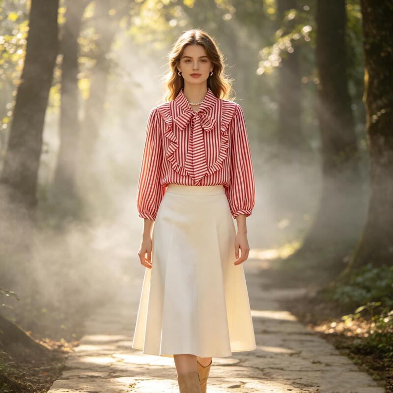 French-style bow-striped shirt, ruffled puff-sleeve red and white striped shirt, loose vintage tie-up top