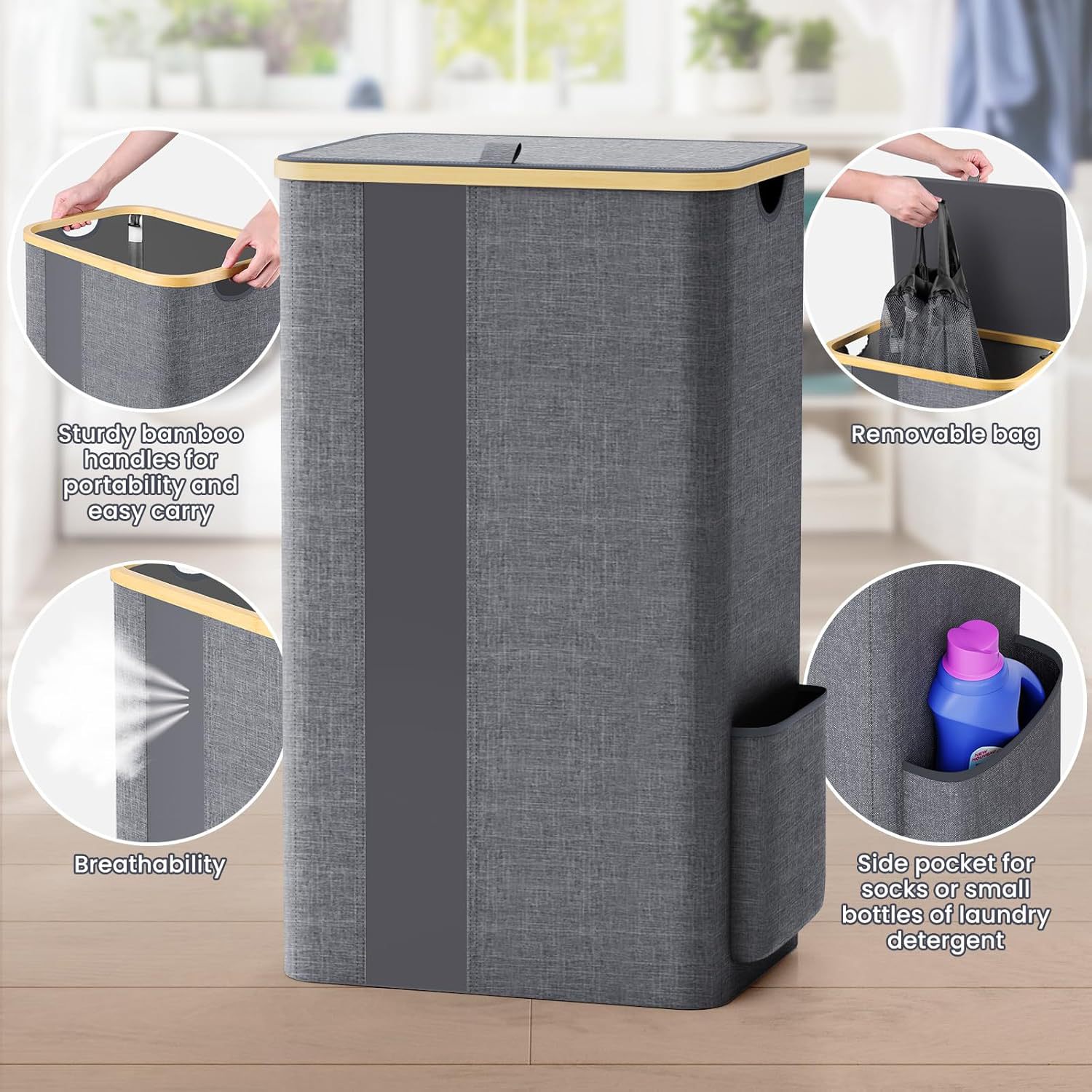 Cesta de lavandería de bambú Cubo de ropa sucia grande plegable Cesta de ropa sucia doméstica Cesta de almacenamiento de ropa sucia con ventana