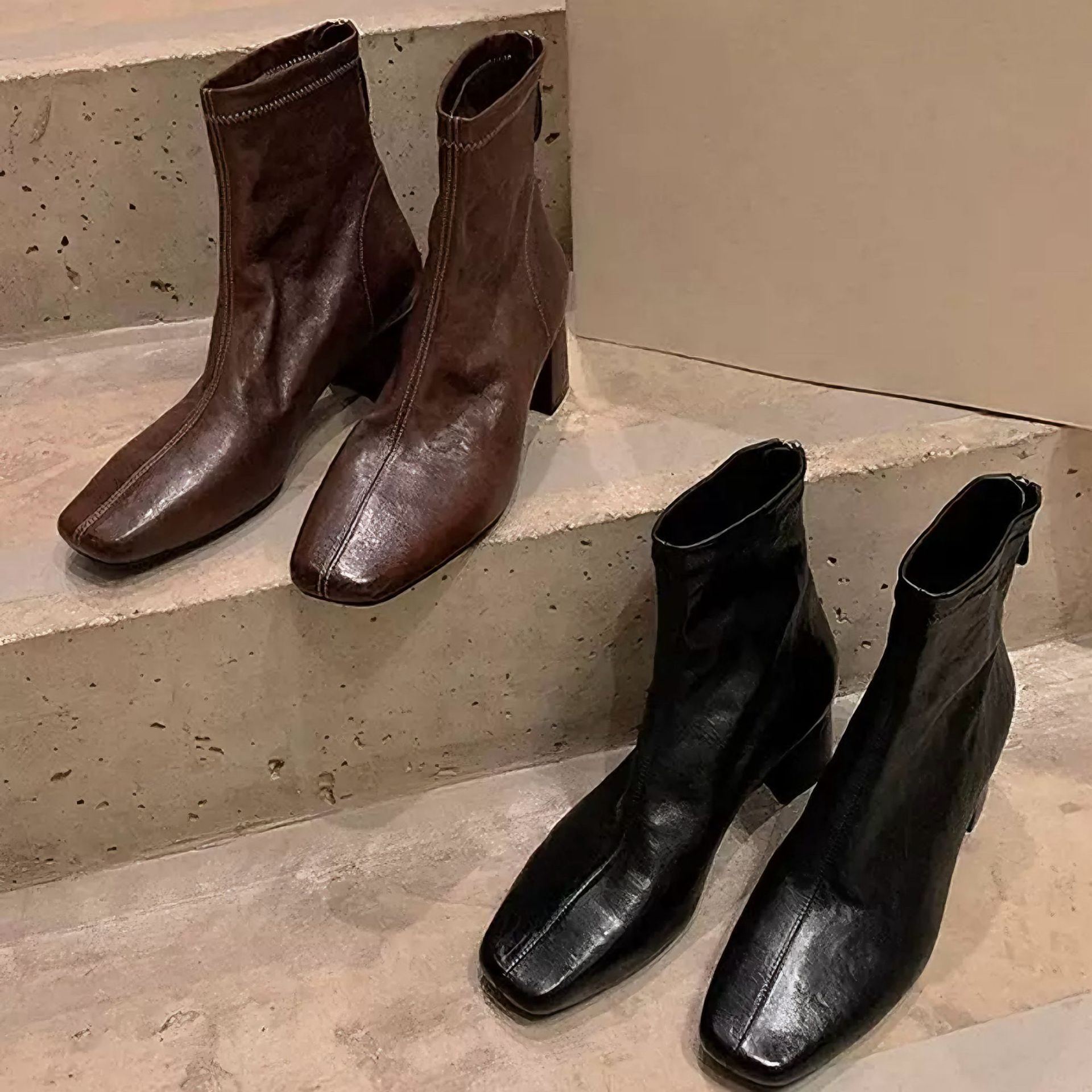 Cowhide Version ~ Genuine Leather French Square Toe Slim and Versatile Thick Heel High Heel Slim Short Boots for Women Retro Boots