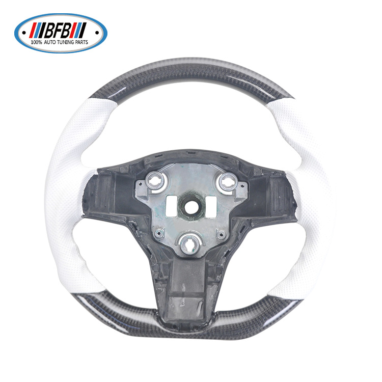 100% Real Carbon Fiber Forged Steering Wheel with White Perforated Leather and White Stitching - For Tesla Model Y - Modification