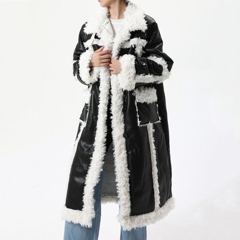 Fur One-piece Long Coat Street Lamb Wool Stitching Winter Leather Coat Women's Fashionable High-quality Warm Coat
