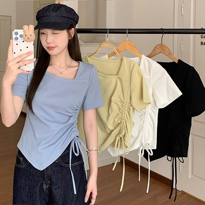 Designed Drawstring Right Shoulder Short-Sleeved Women's T-Shirt Summer Large Size Fat mm Slimming Look Asymmetrical Pleated Waist Short Top Designed Drawstring Right Shoulder Short-Sleeved Women's T-Shirt Summer Large Size Fat mm Slimming Look Asymmetrical Pleated Waist Short Top