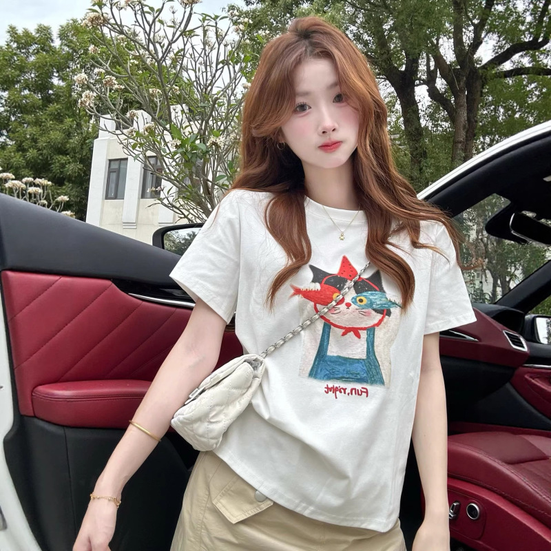 American Retro Round Neck Cartoon Print T-Shirt for Women, Summer New Style, Pure Cotton, Loose Fit, Versatile Casual Top, Trendy