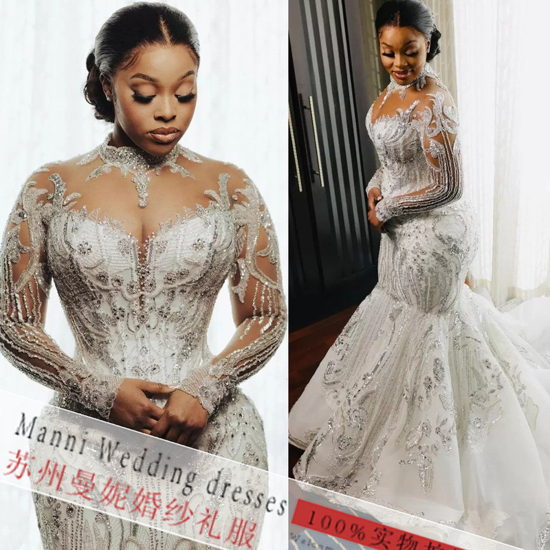 2023 new AliExpress foreign trade wedding dress African cross-border bride lace long sleeve fishtail manufacturers supply
