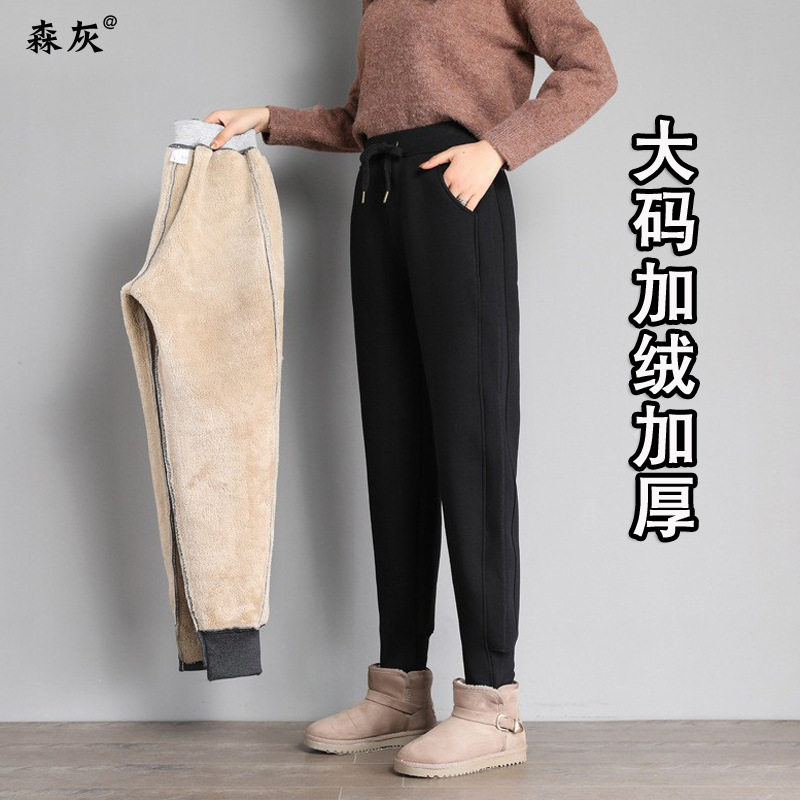 大码加绒运动裤女胖MM羊羔绒中老年奶奶妈妈加绒加厚裤子批发