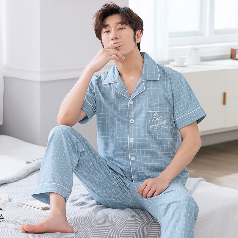 Pijamas pantalones de manga corta para hombres algodón verano delgado cardigan solapa ropa para el hogar más traje de tamaño