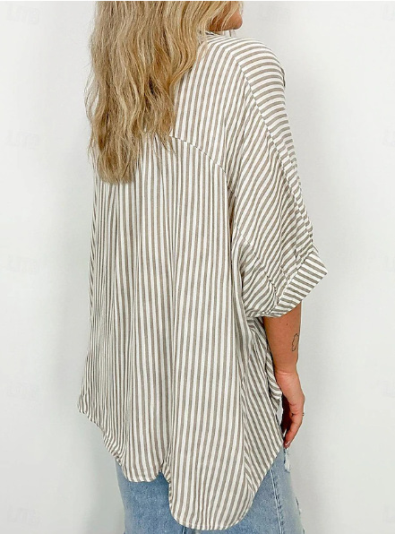 Women's Clothing Classic Stripe Button-Down Shirt For Women, Mid-Sleeve Casual Top For Spring And Summer_ecoleips.com