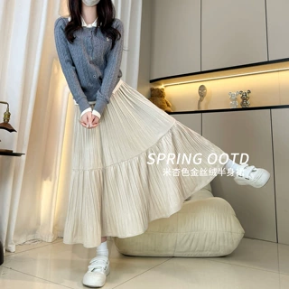 金丝绒半身裙女2026新款春秋高腰a字裙长裙小个子灰色百褶蛋糕裙