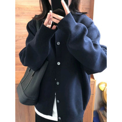 搭藏青色针织衫开衫女春秋宽松慵懒风别致休闲百搭外套上衣潮