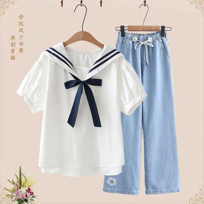 Junior high school girl summer clothes college style western style suit navy collar short sleeve shirt casual wide leg pants two-piece suit
