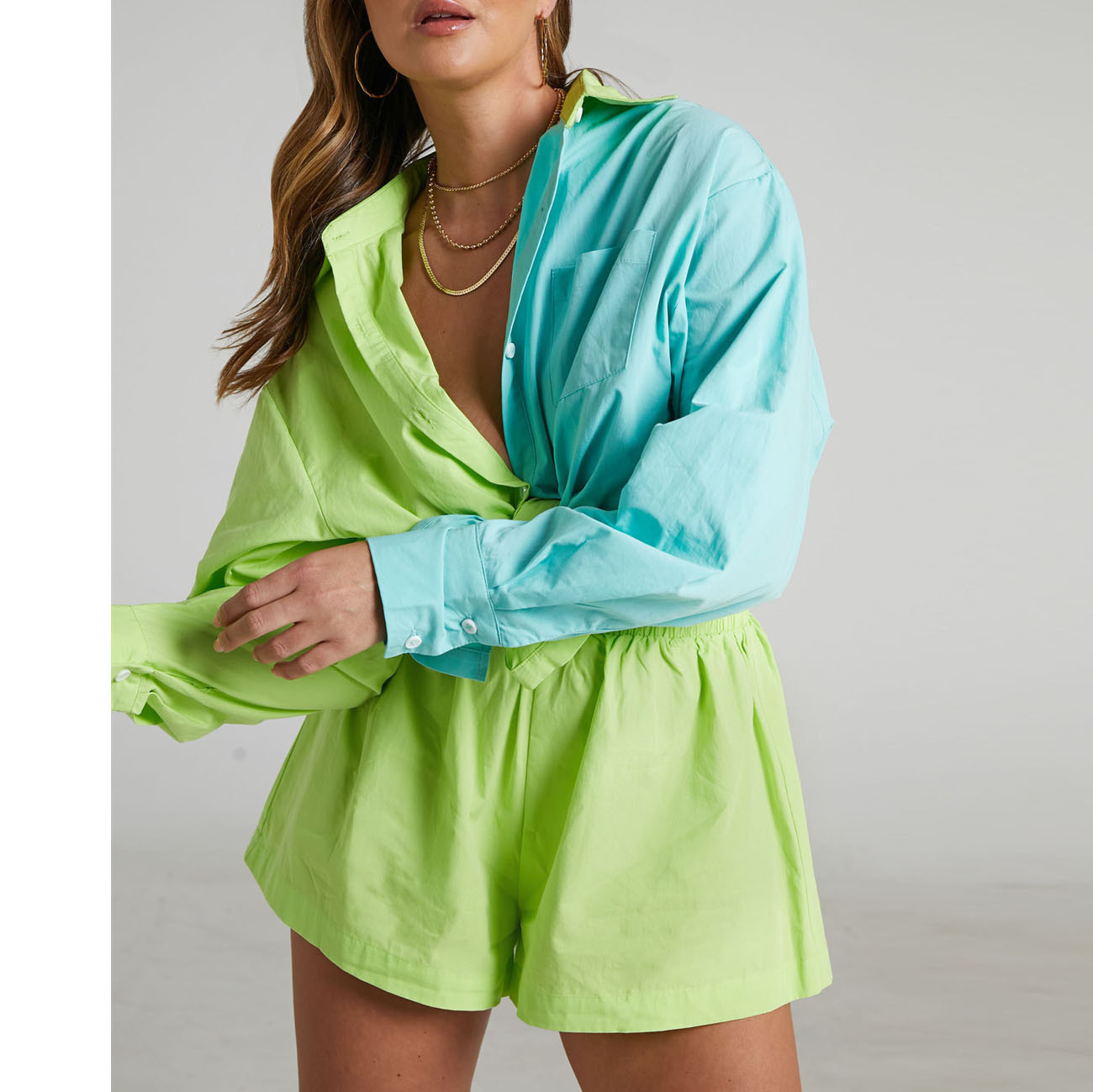 Women's fashion suit casual color matching single-breasted shirt elastic shorts two-piece set_voghion.com