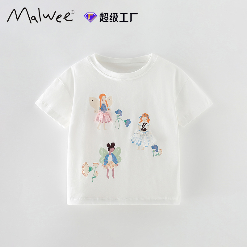 Malwee niñas de manga corta verano nuevo estilo europeo y americano niños pequeños y medianos cuello redondo casual linda niña camiseta top