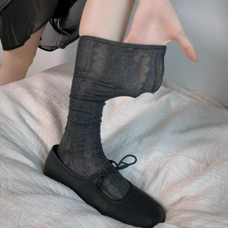 Gray Calf-Length Socks for Women, Summer Thin Style, Mid-Calf Summer Slouch Socks, Cool and Breathable for Summer, Ballet-Style Long Thin Socks Gray Calf-Length Socks for Women, Summer Thin Style, Mid-Calf Summer Slouch Socks, Cool and Breathable for Summer, Ballet-Style Long Thin Socks