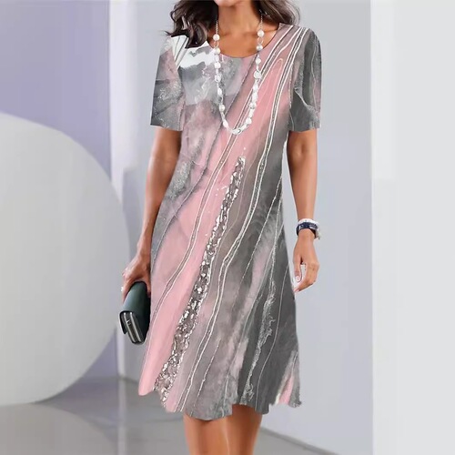 Ladies Round Neck Casual Western Short Sleeve Loose Everyday Versatile Plus Size Dress Fashion Dress