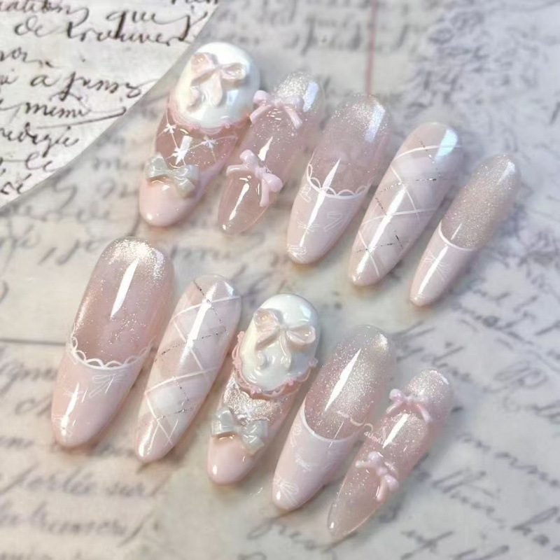 Cat Eye 2025 Semi-Handmade Nail Art Bowknot Pink French Style Wearable Nails Whitening Nails Elegant Guardian Sweetheart Cat Eye 2025 Semi-Handmade Nail Art Bowknot Pink French Style Wearable Nails Whitening Nails Elegant Guardian Sweetheart