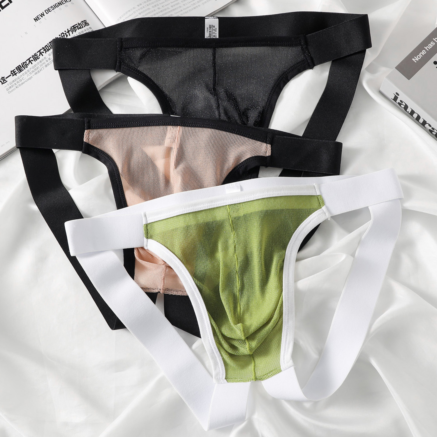 Men's Fully Transparent Mesh Sexy Double Thong Underwear Men's Pure Color Personalized No-Take-Off Thong T-Shaped Underwear
