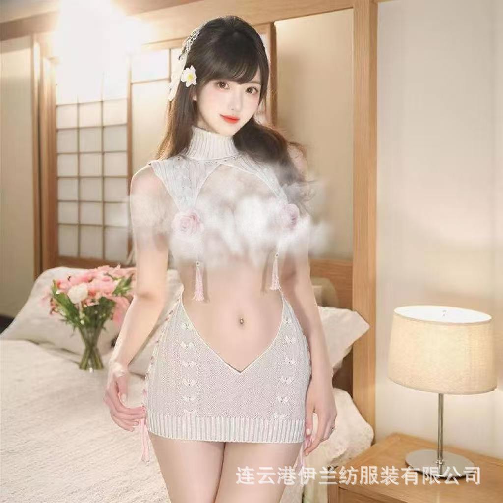 Open-Bust Knit Sweater Dress for Women, Black Polyester Roleplay Lingerie, One Size — detail image 3