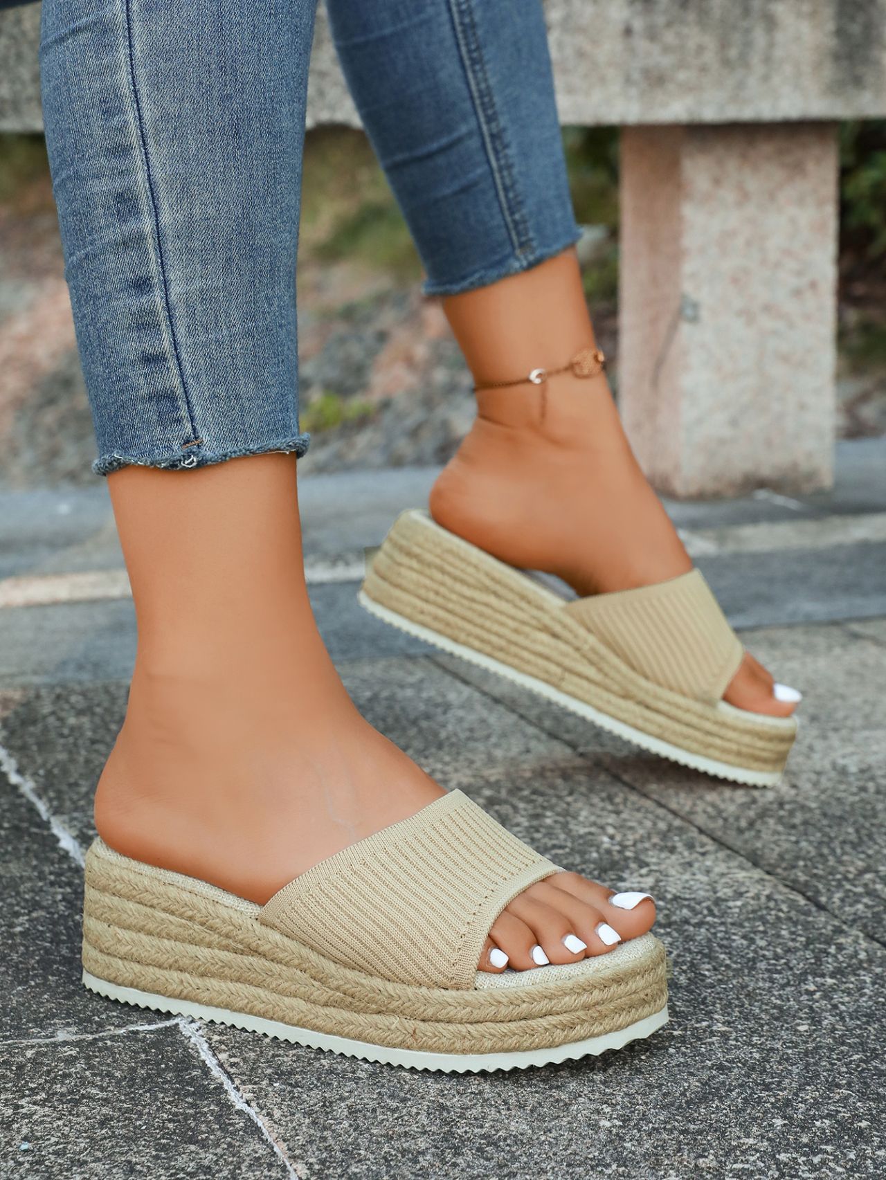 Women's Knitted Wedge Sandals Open Toe Breathable Slip-on Slippers_voghion.com