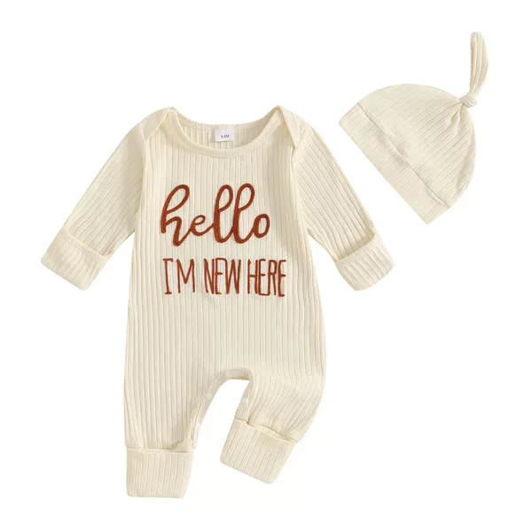 Autumn and Winter New European and American Style Newborn Romper with Letter Embroidery, Long Sleeves, Multi-Color Hat Two-Piece Set