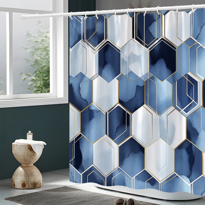 Temu Cross-Border E-Commerce Geometric Abstract Honeycomb Shower Curtain Navy Blue Hexagonal Design United States Europe and North America