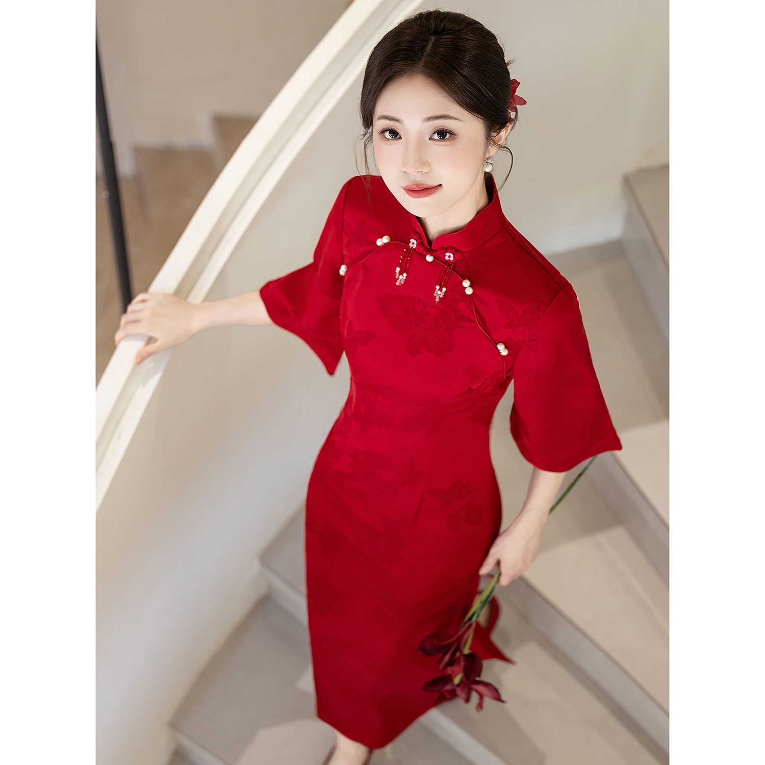 Red Cheongsam Toast Dress Bride New Chinese Wedding Dress Improved Young Autumn and Winter Inverted Large Sleeve Wedding Engagement Dress Skirt