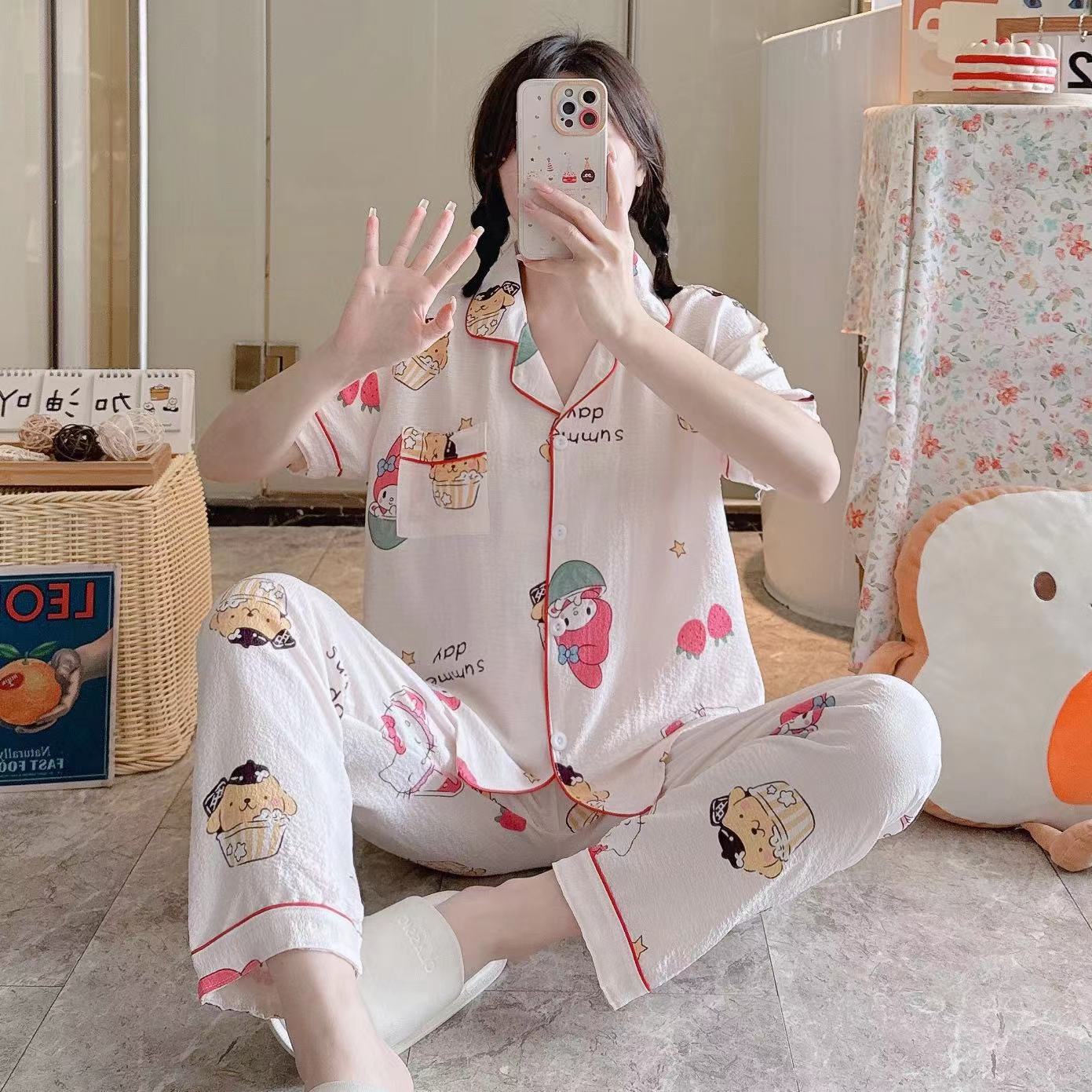 Pajamas de espuma tejidos de verano de algodón pantalones largos de mangas cortas ropa para el hogar de verano delgada de algodón conjunto de dos piezas