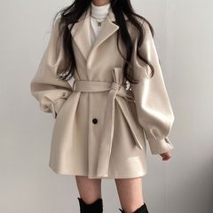 新款韩版Chic秋冬宽松休闲大衣女呢子西装领中长款上衣毛呢外套女