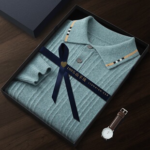 2024 Autumn and Winter New 100 Pure Cashmere Pullover Men's Lapel Long Sleeve Knitted Lapel Casual Business Base Shirt