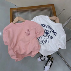 Summer 100% Pure Cotton Children's Short Sleeve Small and Medium Kids Korean Style Bear Cartoon Half Sleeve T-shirt for Boys and Girls, Cute T-shirt