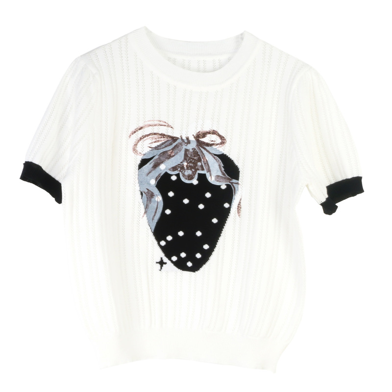 Korean Style Thin Short-Sleeved Knitted Top Strawberry Embroidered Round Neck Sweet Temperament Summer New Short Knitted Sweater for Women Korean Style Thin Short-Sleeved Knitted Top Strawberry Embroidered Round Neck Sweet Temperament Summer New Short Knitted Sweater for Women