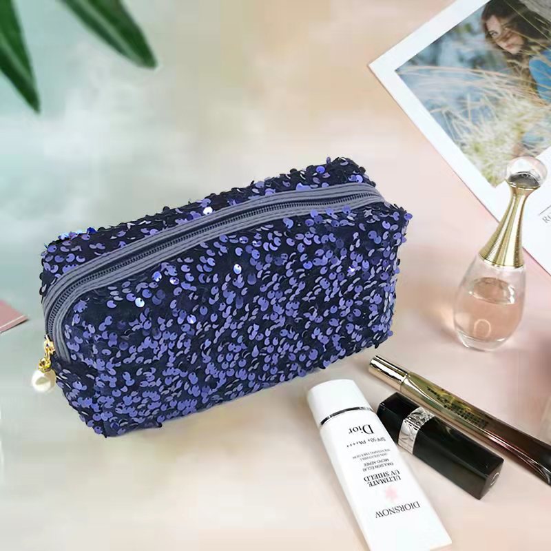 Bolsa de maquillaje de lentejuelas fabricada en fábrica para mujer, bolsa de almacenamiento de viaje INS, exquisita bolsa de aseo portátil de gran capacidad, estilo INS al por mayor