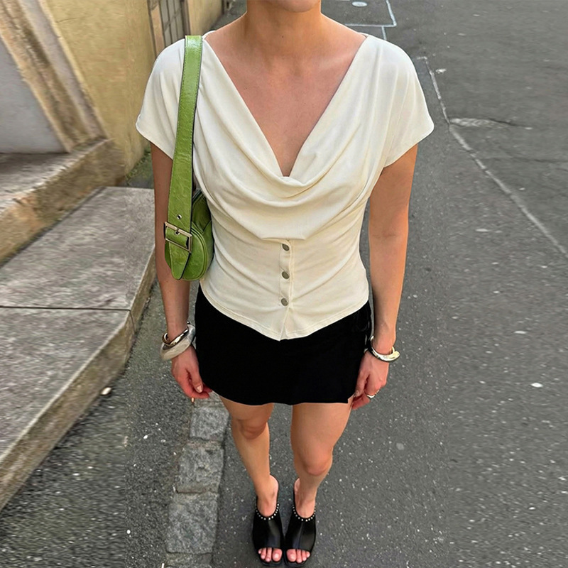 Women's Clothing American Style Slim Fit Short Sleeve T-Shirt Niche Oval Neck Fashion Hot Girl Top New_ecoleips.com