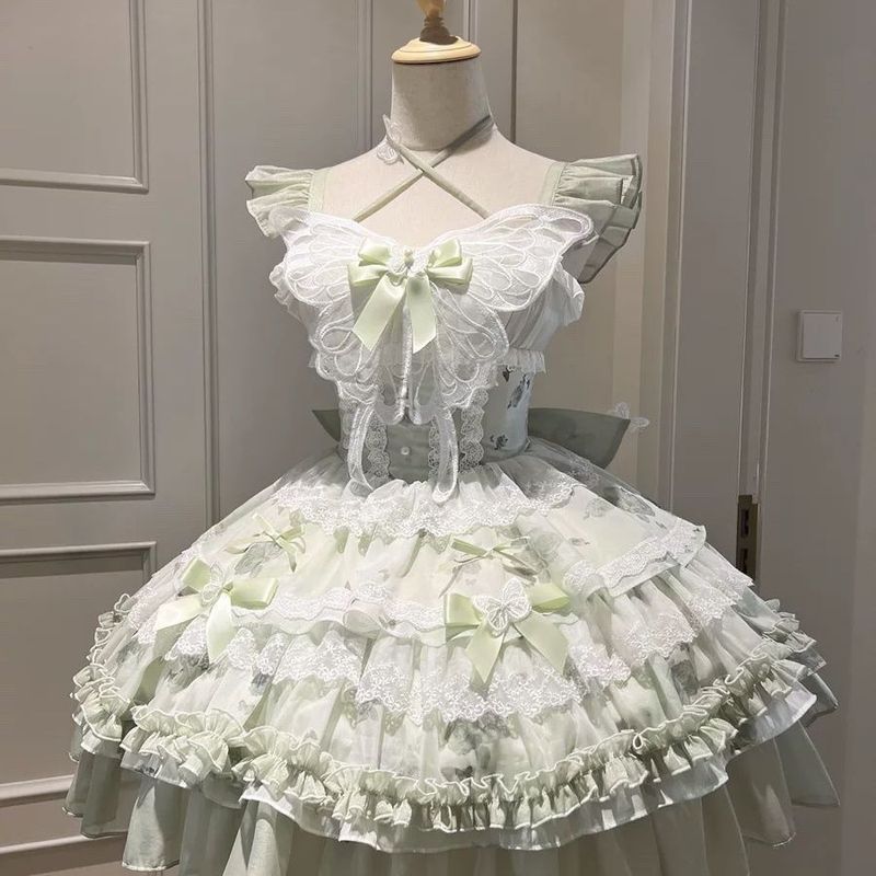 花期之约白绿蝴蝶夏日感超仙礼服小清新公主少女生日短裙|undefined