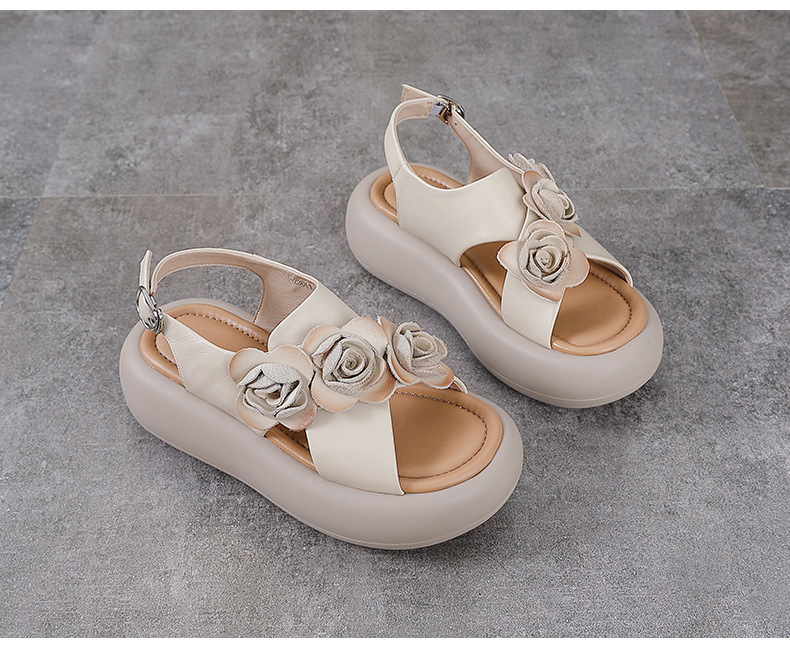 Sandal hở mũi nữ đế độn cao da bò, kiểu La Mã quai mảnh, gót thấp — Màu trắng be chi tiết 13