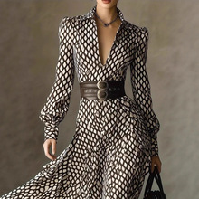 欧美跨境外贸速卖通亚马逊2025秋冬爆款V领印花长袖连衣裙束腰女