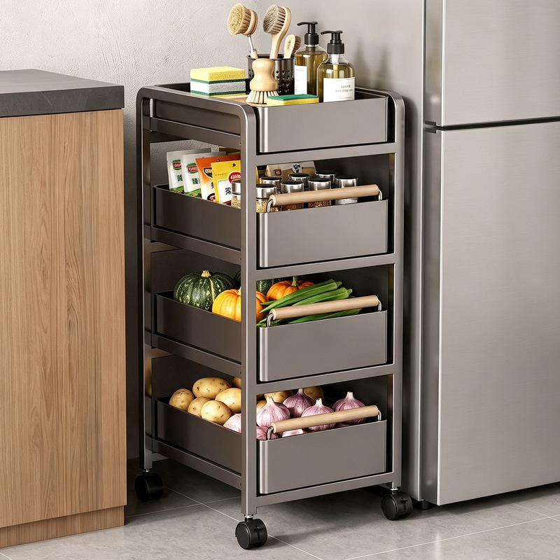 Kitchen vegetable basket rack, multi-layer, floor-standing, movable, for storing fruits and vegetables, multifunctional household trolley