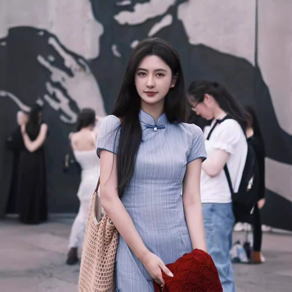 Новый китайский стиль ретро китайский стиль синий полосатый улучшенный чонсам платье женский летний 2024 новый повседневный