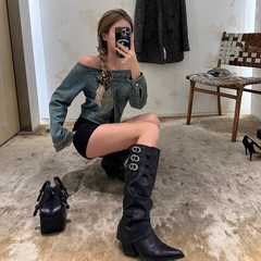 小众设计可拆卸靴套两穿靴子2025年新款复古皮带扣尖头长筒靴女款