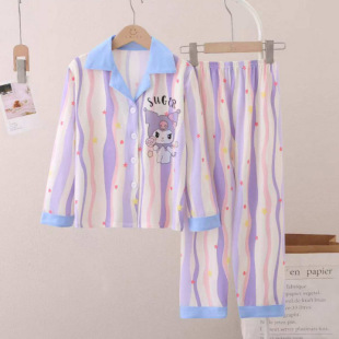 Spring and Autumn Children's Pajamas Girls' Long Sleeve Doll Collar Spring and Autumn Cardigan Large Children's Home Clothes suit Imitation Cotton