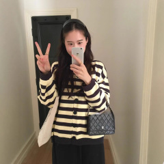 撞色圆领条纹软糯针织开衫毛衣外套女秋冬季新款韩版宽松休闲上衣