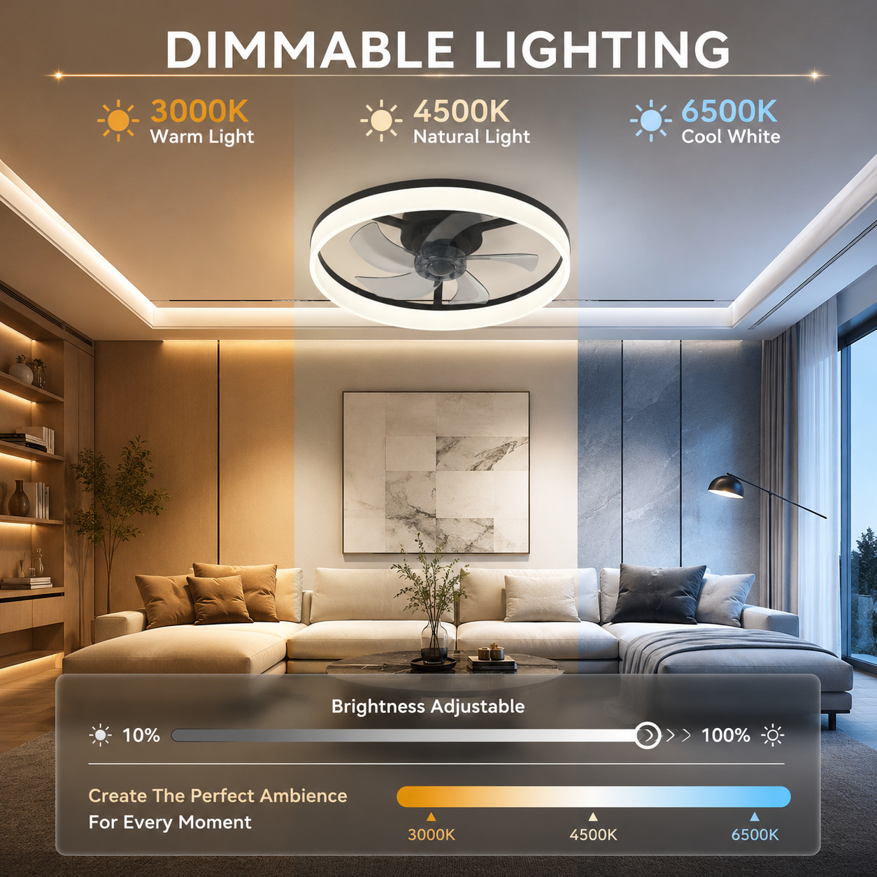 Ventilador de Techo con Luz de Acrílico y ABS, Control Remoto, Control por App, para Dormitorio y Comedor