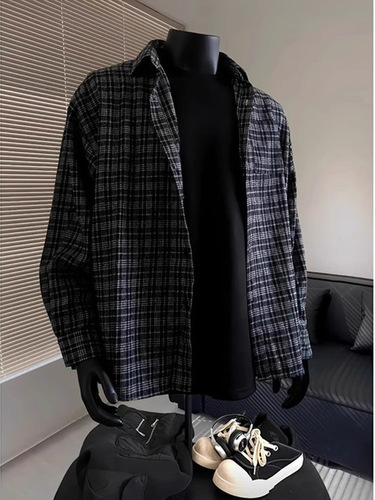 Retro Color-Block Plaid Shirt for Men—Autumn/Winter, American Style, High-End Tartan Base Shirt, Cleanfit Outerwear