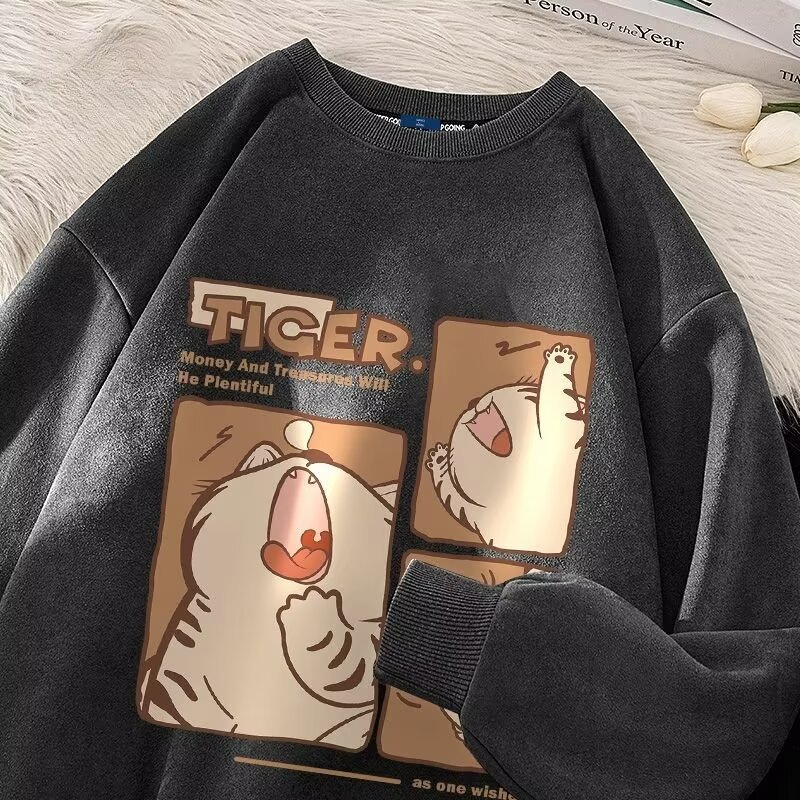 Cartoon Printed Suede Hoopless Sweater Men's Lazy Style Clothes Show Thin Fashion Trend_viptrois.com